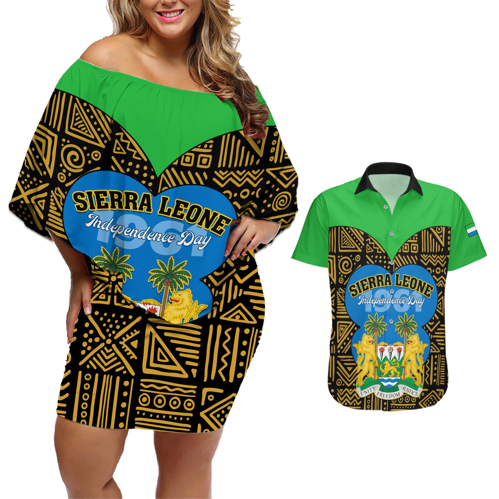 Sierra Leone Independence Day 2024 Couples Matching Off Shoulder Short Dress and Hawaiian Shirt Happy 63rd Anniversary African Pattern - Wonder Print Shop