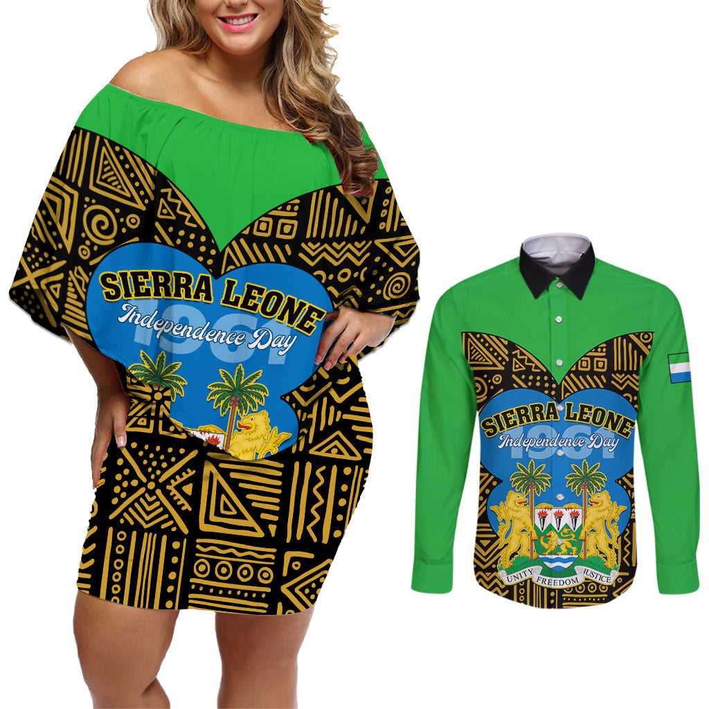 Sierra Leone Independence Day 2024 Couples Matching Off Shoulder Short Dress and Long Sleeve Button Shirt Happy 63rd Anniversary African Pattern - Wonder Print Shop