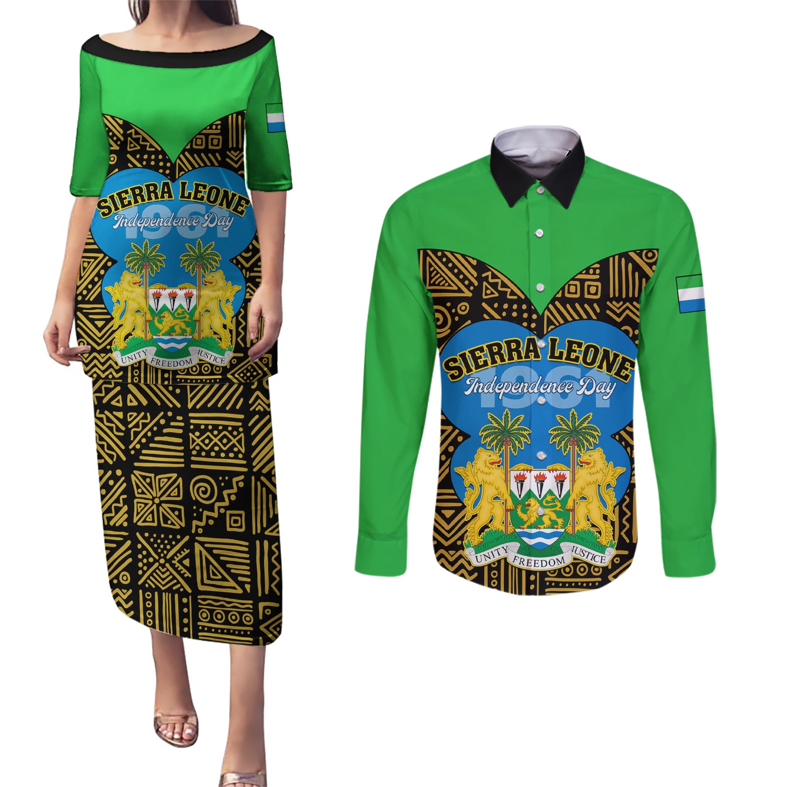 Sierra Leone Independence Day 2024 Couples Matching Puletasi and Long Sleeve Button Shirt Happy 63rd Anniversary African Pattern - Wonder Print Shop