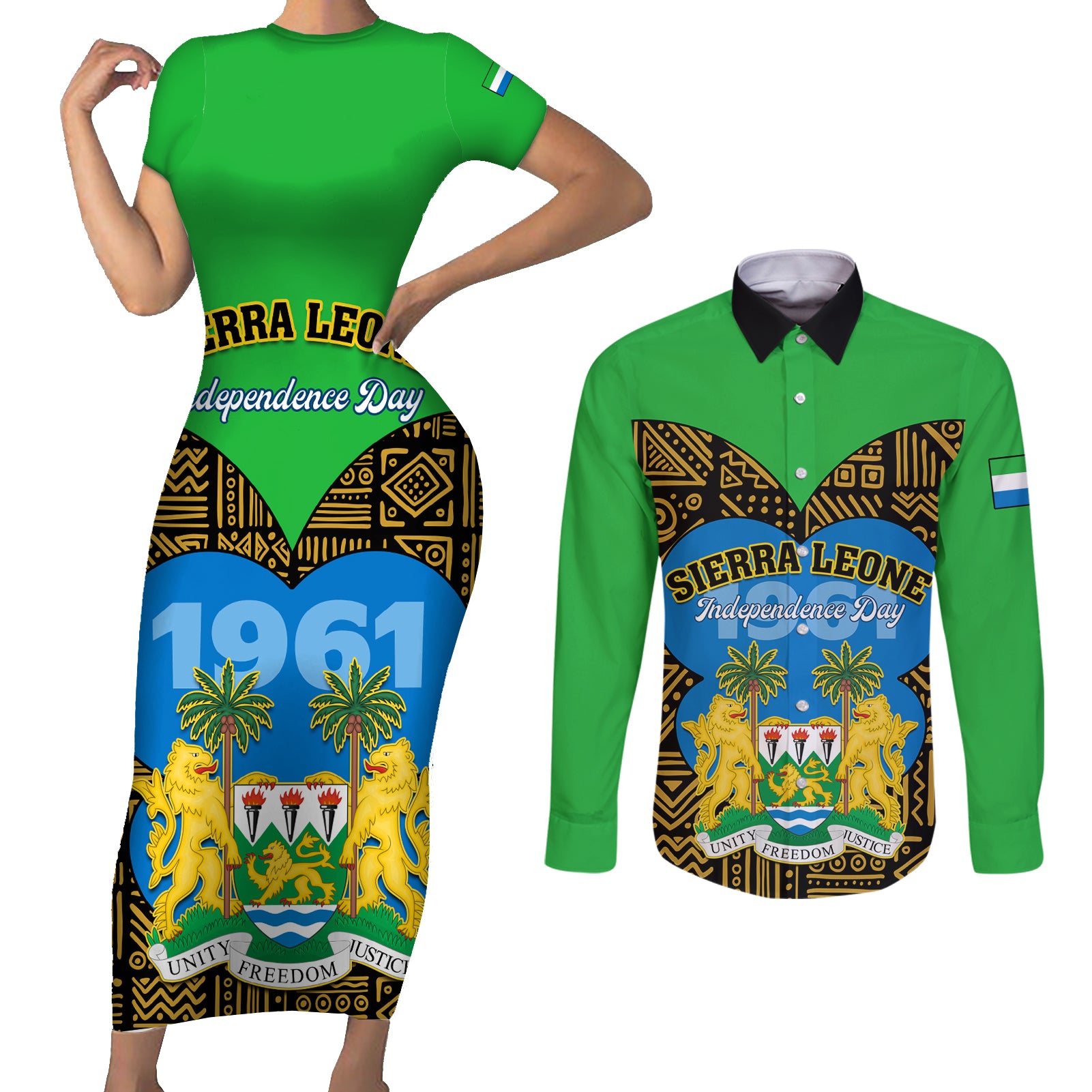 Sierra Leone Independence Day 2024 Couples Matching Short Sleeve Bodycon Dress and Long Sleeve Button Shirt Happy 63rd Anniversary African Pattern - Wonder Print Shop