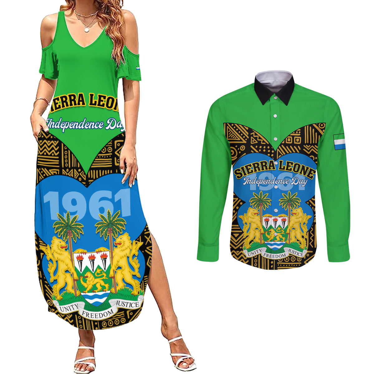 Sierra Leone Independence Day 2024 Couples Matching Summer Maxi Dress and Long Sleeve Button Shirt Happy 63rd Anniversary African Pattern - Wonder Print Shop