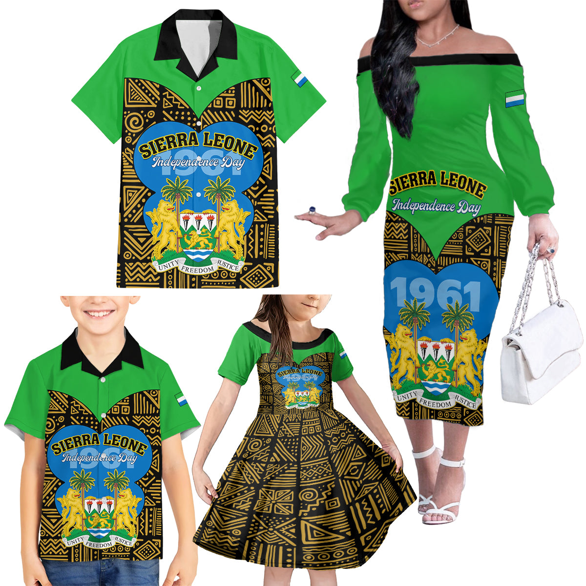 Sierra Leone Independence Day 2024 Family Matching Off Shoulder Long Sleeve Dress and Hawaiian Shirt Happy 63rd Anniversary African Pattern - Wonder Print Shop