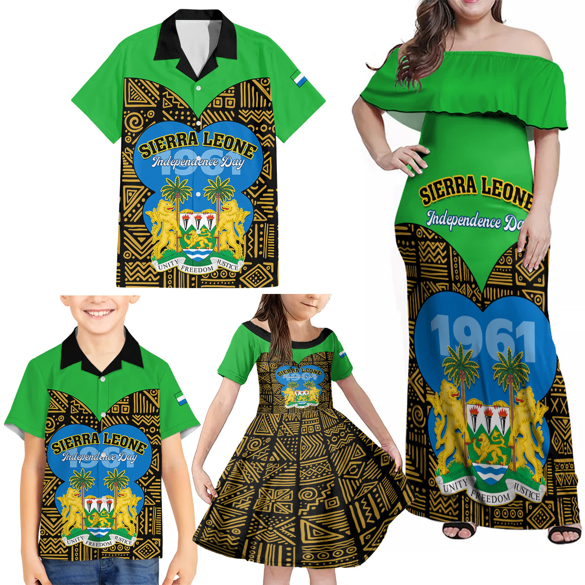 Sierra Leone Independence Day 2024 Family Matching Off Shoulder Maxi Dress and Hawaiian Shirt Happy 63rd Anniversary African Pattern - Wonder Print Shop