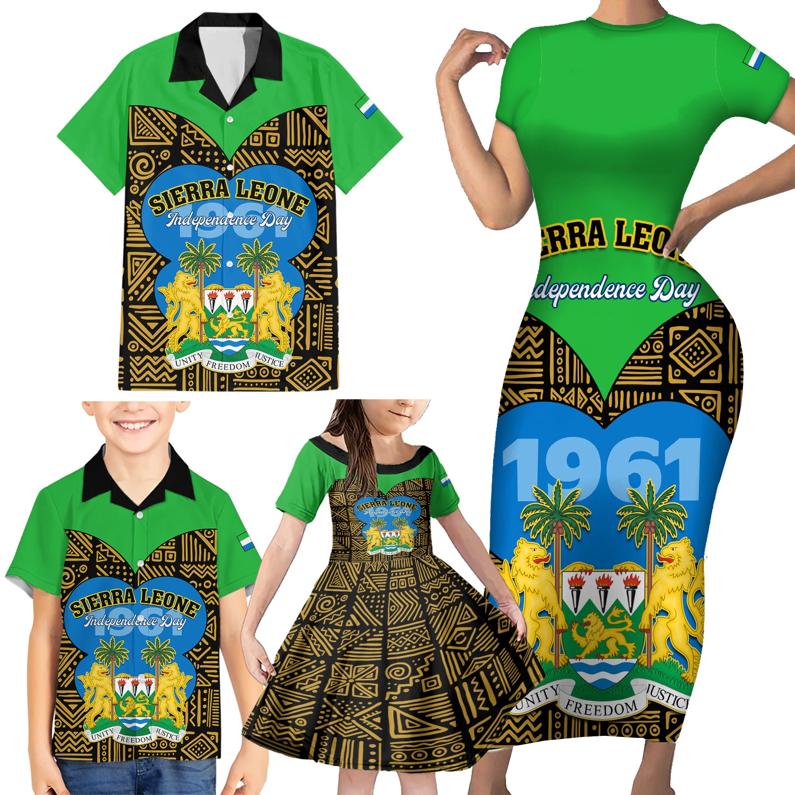 Sierra Leone Independence Day 2024 Family Matching Short Sleeve Bodycon Dress and Hawaiian Shirt Happy 63rd Anniversary African Pattern - Wonder Print Shop