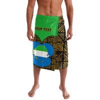 Black and gold patterned lavalava swim shorts with green waistband and blue map graphic