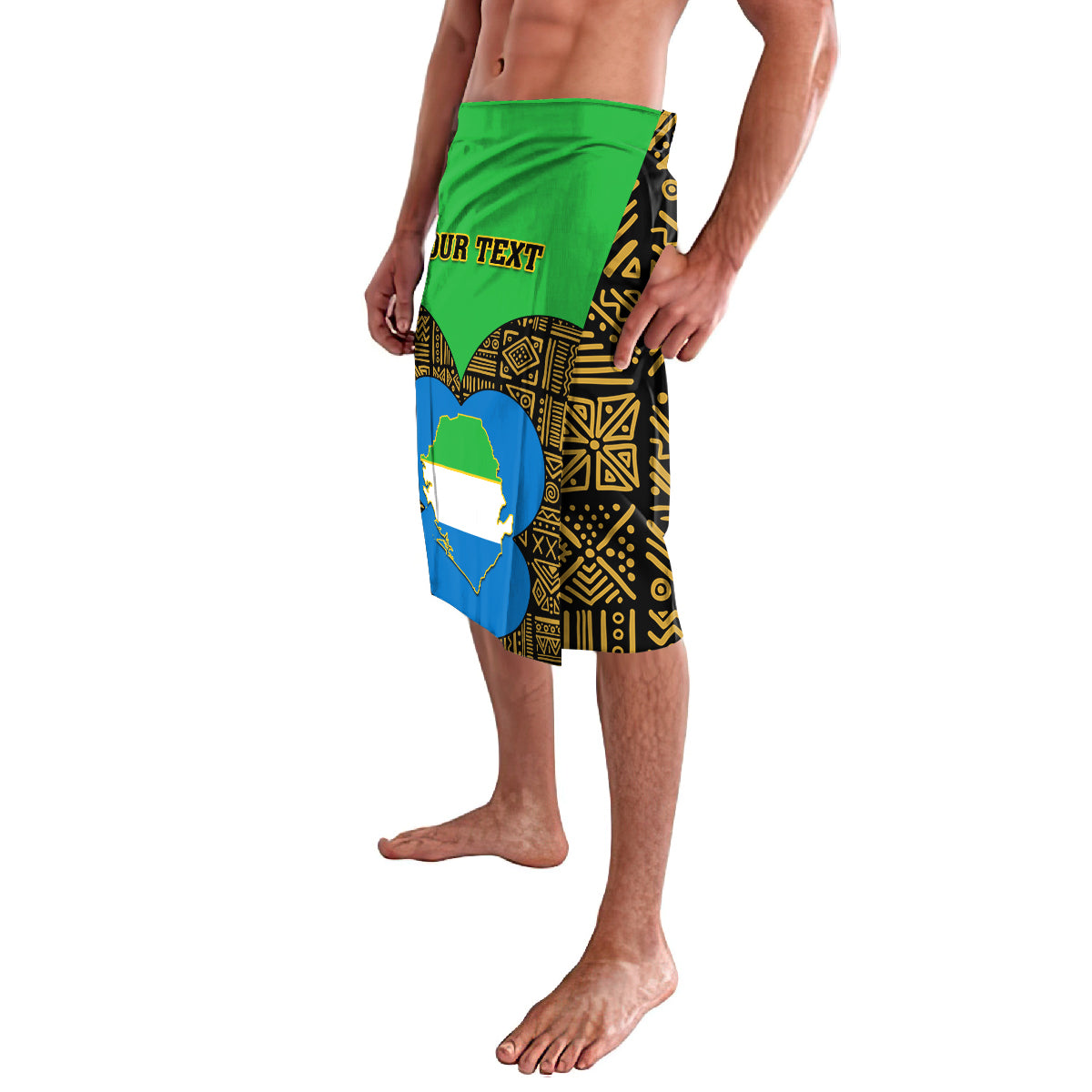Black and gold lavalava shorts with green waistband and blue Africa map print