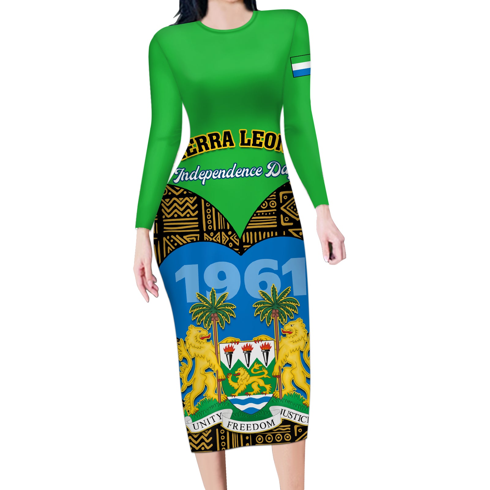 Sierra Leone Independence Day 2024 Long Sleeve Bodycon Dress Happy 63rd Anniversary African Pattern - Wonder Print Shop