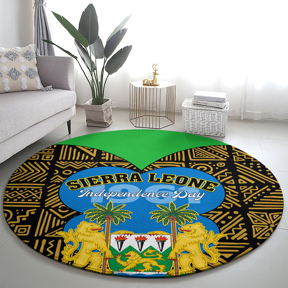 Round carpet with black-and-gold pattern, green banner, lions and palm trees, Independence Day oval