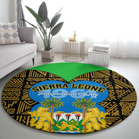Round carpet with black-and-gold pattern, green banner, lions and palm trees, Independence Day oval