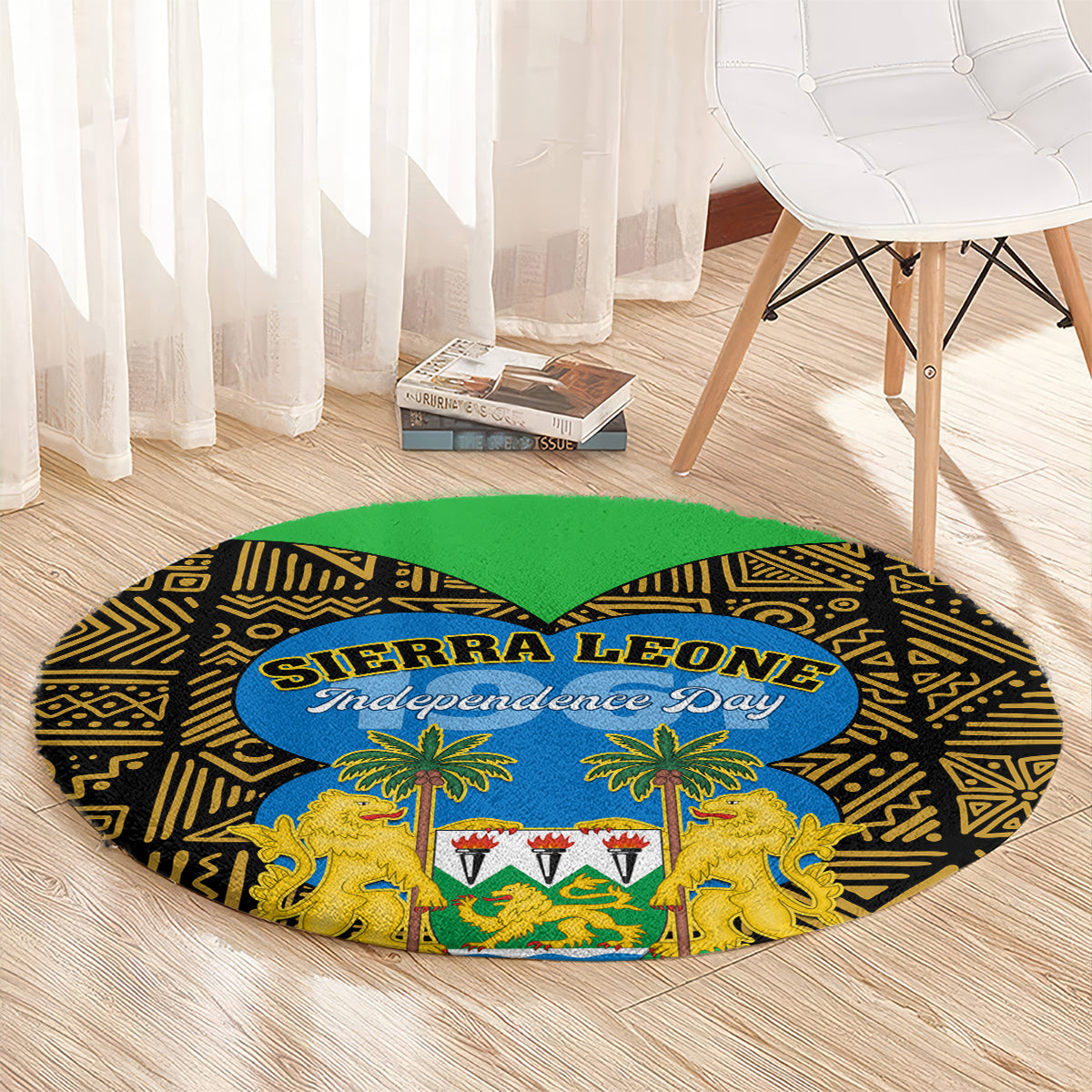 Round carpet with black-and-gold geometric design, green center, blue Independence Day oval