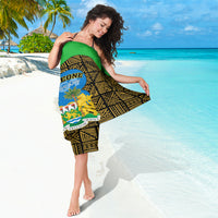 Green and black African sarong with yellow geometric bands and Sierra Leone oval logo