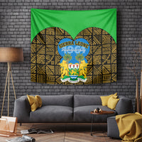 Green and gold tapestry with circular arch motif, central coat of arms, and two lions