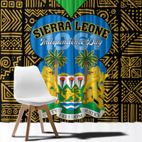 Sierra Leone Independence Day window curtain with black-and-gold patterns and central blue oval emblem
