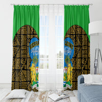 Window curtain panels with green top and black-gold patterned fabric, featuring Sierra Leone Independence Day logo