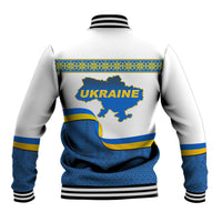 Unisex white baseball jacket back view with blue yellow Ukraine map graphic and ribbed hem