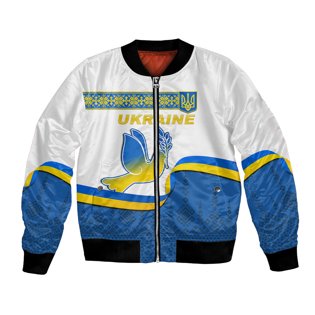 White bomber jacket with blue/yellow Ukraine map and wreath, zip front