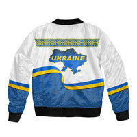 White bomber jacket with blue/yellow Ukraine flag map print, ribbed collar and hem