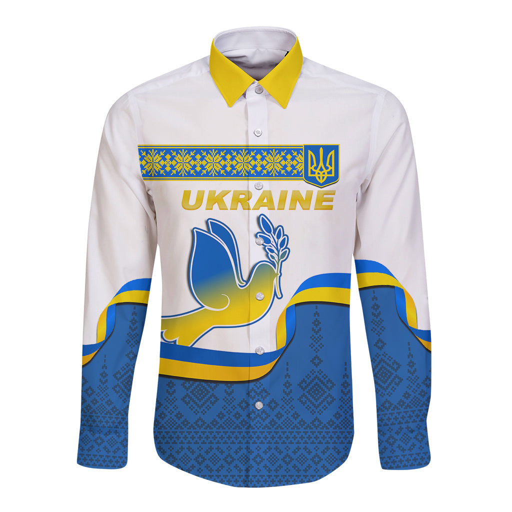 Long sleeve button shirt with yellow collar, white and blue Ukraine map graphic