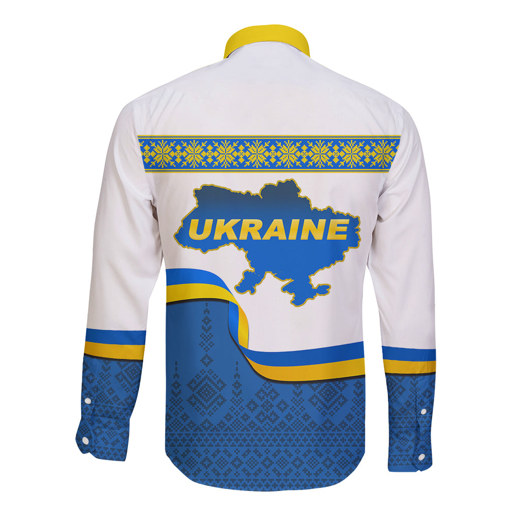 Long sleeve button shirt back with yellow collar and blue Ukraine map and text