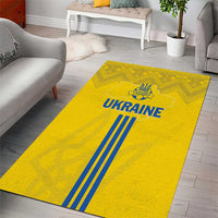 Yellow Ukraine football area rug, folk pattern with crest, ‘UKRAINE’ text and blue stripes