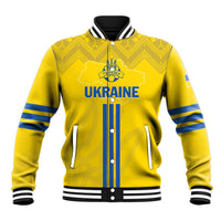 Yellow varsity baseball jacket with blue sleeve stripes, button front, folk pattern crest.