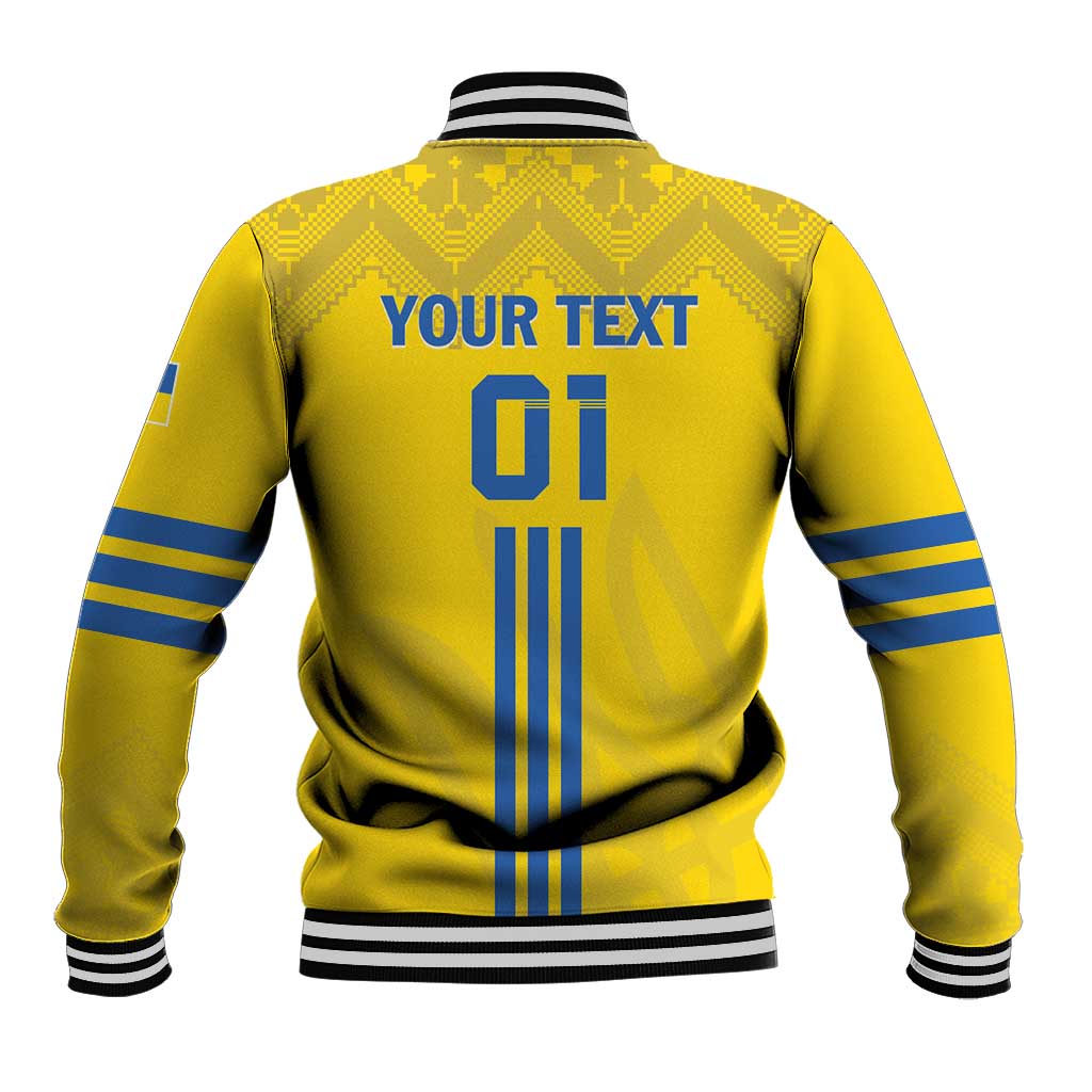 Yellow varsity baseball jacket back with blue striped number and 'YOUR TEXT'.