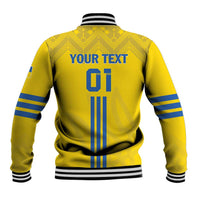 Yellow varsity baseball jacket back with blue striped number and 'YOUR TEXT'.
