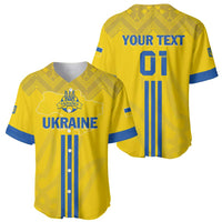 Yellow football jersey with UKRAINE graphic, trident badge, blue side stripes
