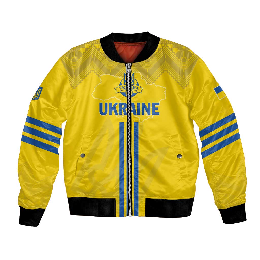 Yellow football bomber jacket with folk pattern, zip front, blue stripe sleeves, UKRAINE print