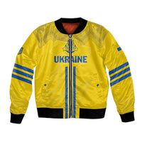 Yellow football bomber jacket with folk pattern, zip front, blue stripe sleeves, UKRAINE print