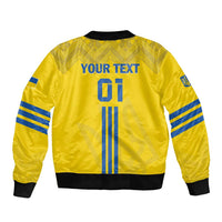 Yellow football bomber jacket with back text print, blue stripe sleeves, ribbed collar and cuffs