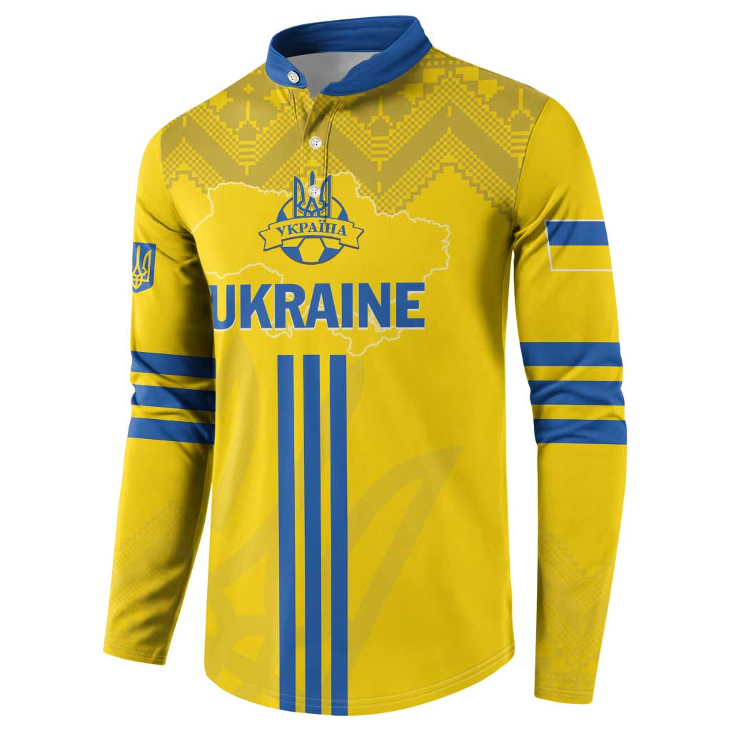 Yellow long-sleeve football button sweatshirt with blue trim stripes and Ukraine crest.