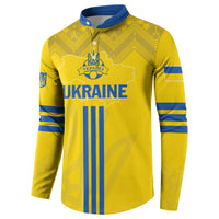 Yellow long-sleeve football button sweatshirt with blue trim stripes and Ukraine crest.