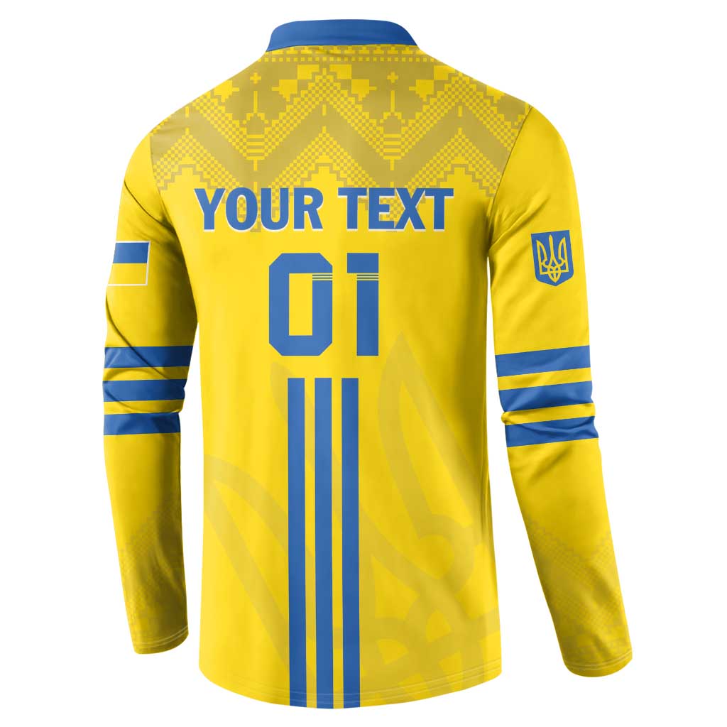 Back yellow football button sweatshirt with blue YOUR TEXT and 01 vertical graphic.