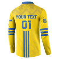 Back yellow football button sweatshirt with blue YOUR TEXT and 01 vertical graphic.