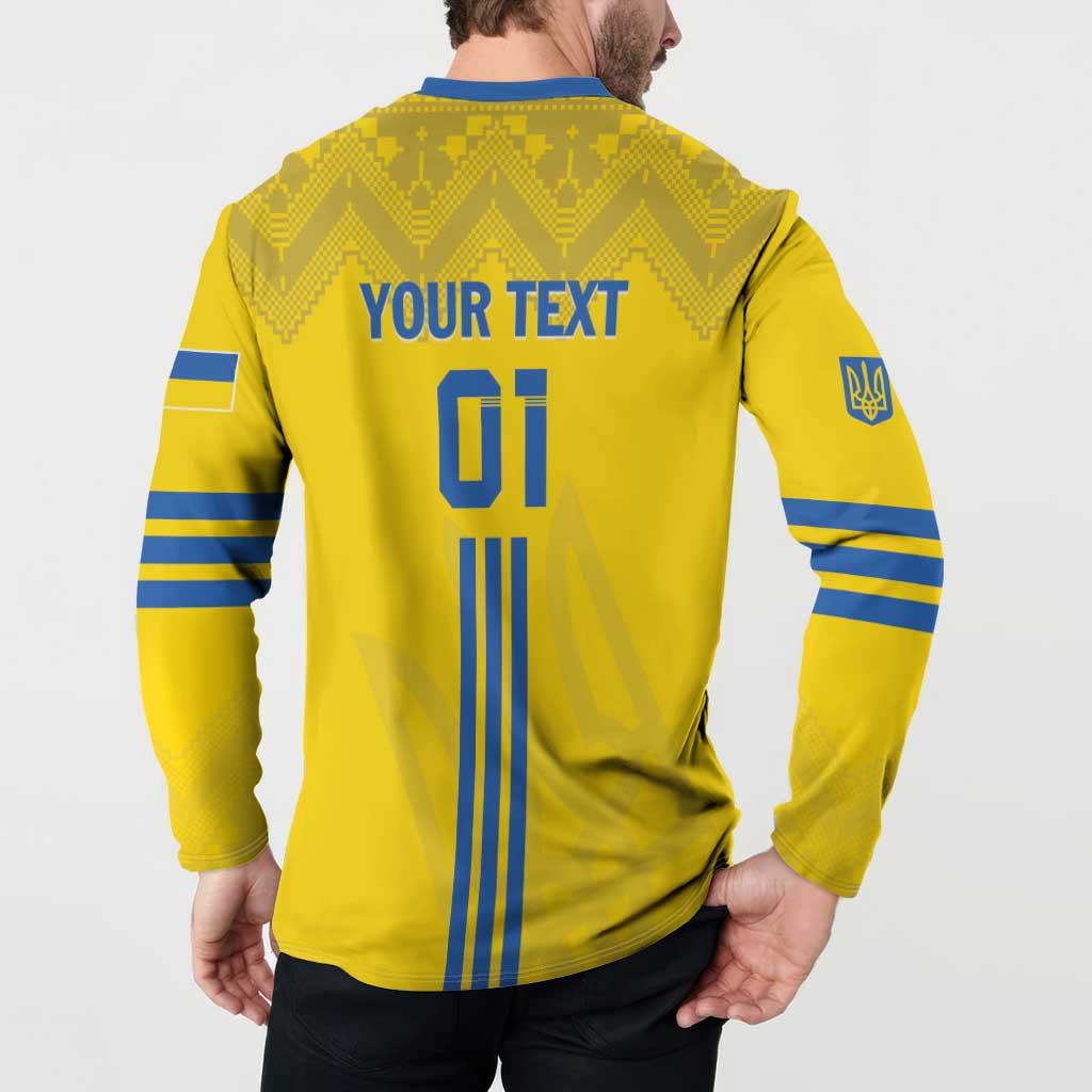 Back yellow football button sweatshirt with blue YOUR TEXT and 01 bar pattern.