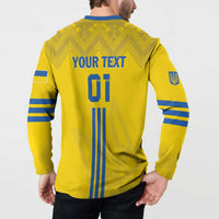 Back yellow football button sweatshirt with blue YOUR TEXT and 01 bar pattern.
