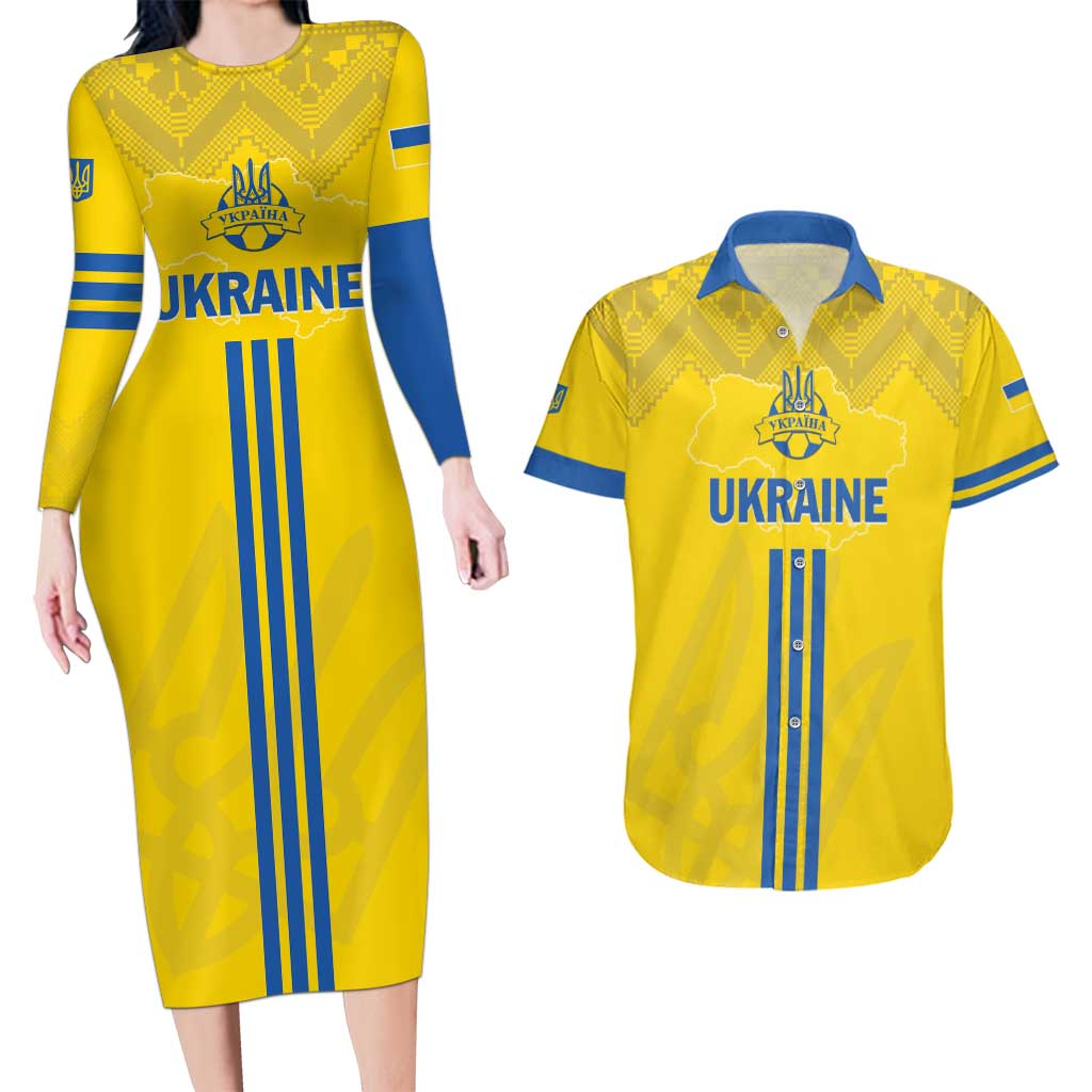 Custom Ukraine 2024 Football Couples Matching Long Sleeve Bodycon Dress and Hawaiian Shirt Ukrainian Folk Pattern - Wonder Print Shop