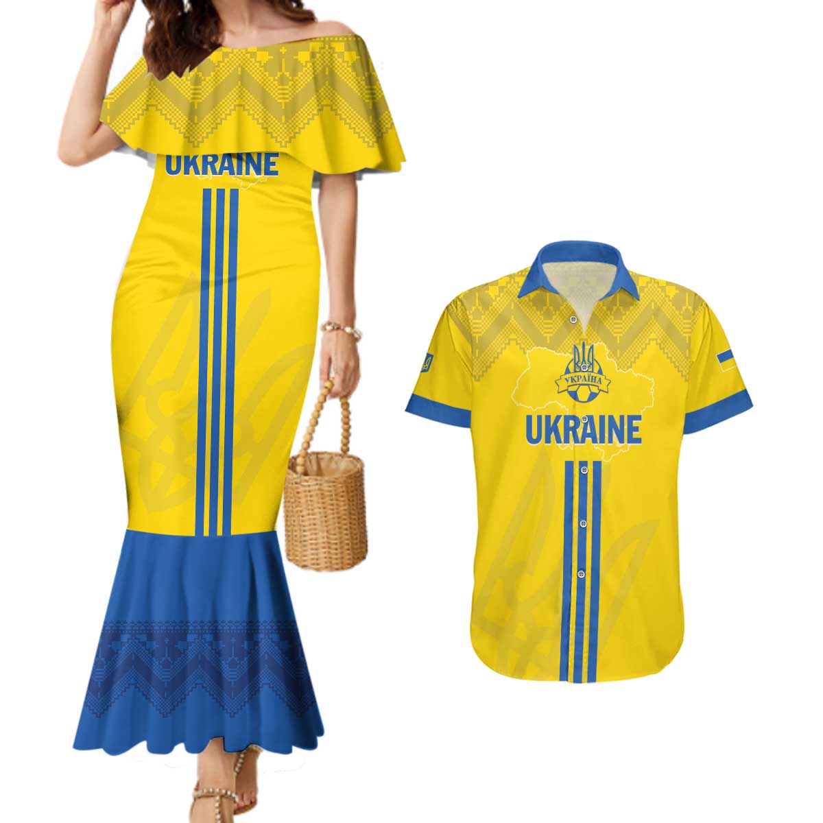 Custom Ukraine 2024 Football Couples Matching Mermaid Dress and Hawaiian Shirt Ukrainian Folk Pattern - Wonder Print Shop