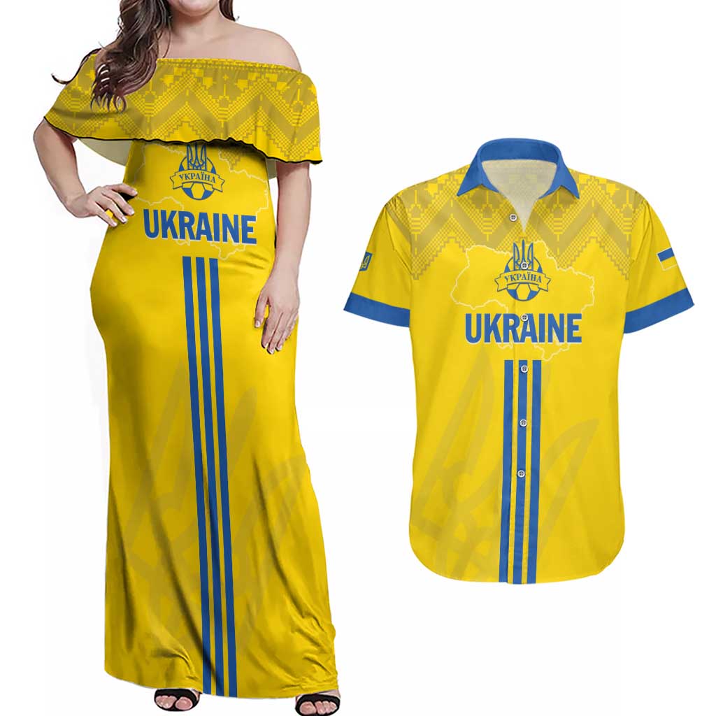 Custom Ukraine 2024 Football Couples Matching Off Shoulder Maxi Dress and Hawaiian Shirt Ukrainian Folk Pattern - Wonder Print Shop