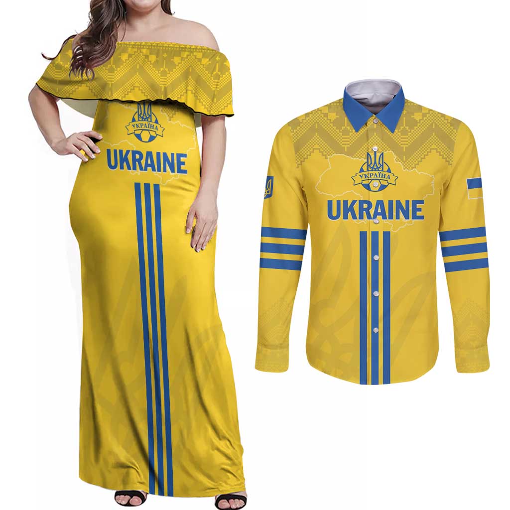 Custom Ukraine 2024 Football Couples Matching Off Shoulder Maxi Dress and Long Sleeve Button Shirt Ukrainian Folk Pattern - Wonder Print Shop