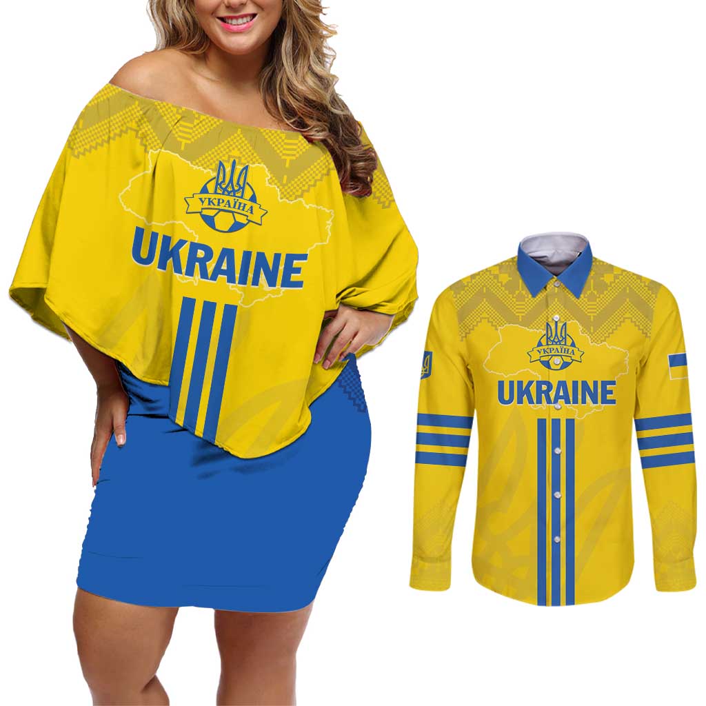 Custom Ukraine 2024 Football Couples Matching Off Shoulder Short Dress and Long Sleeve Button Shirt Ukrainian Folk Pattern - Wonder Print Shop