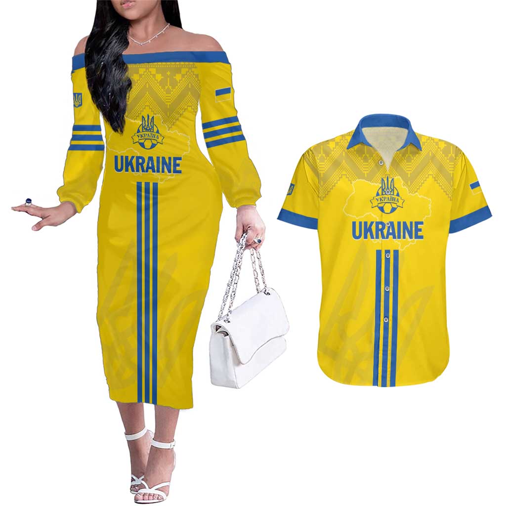 Custom Ukraine 2024 Football Couples Matching Off The Shoulder Long Sleeve Dress and Hawaiian Shirt Ukrainian Folk Pattern - Wonder Print Shop