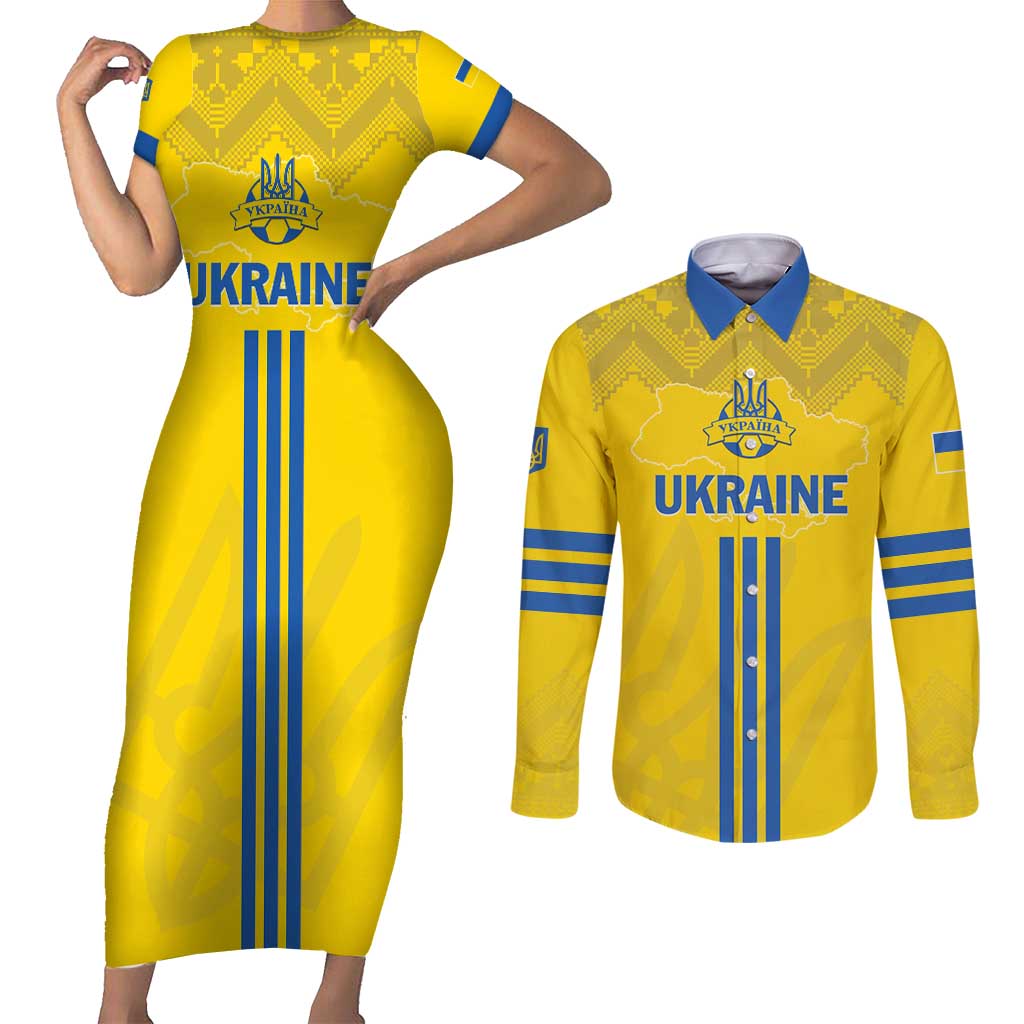 Custom Ukraine 2024 Football Couples Matching Short Sleeve Bodycon Dress and Long Sleeve Button Shirt Ukrainian Folk Pattern - Wonder Print Shop