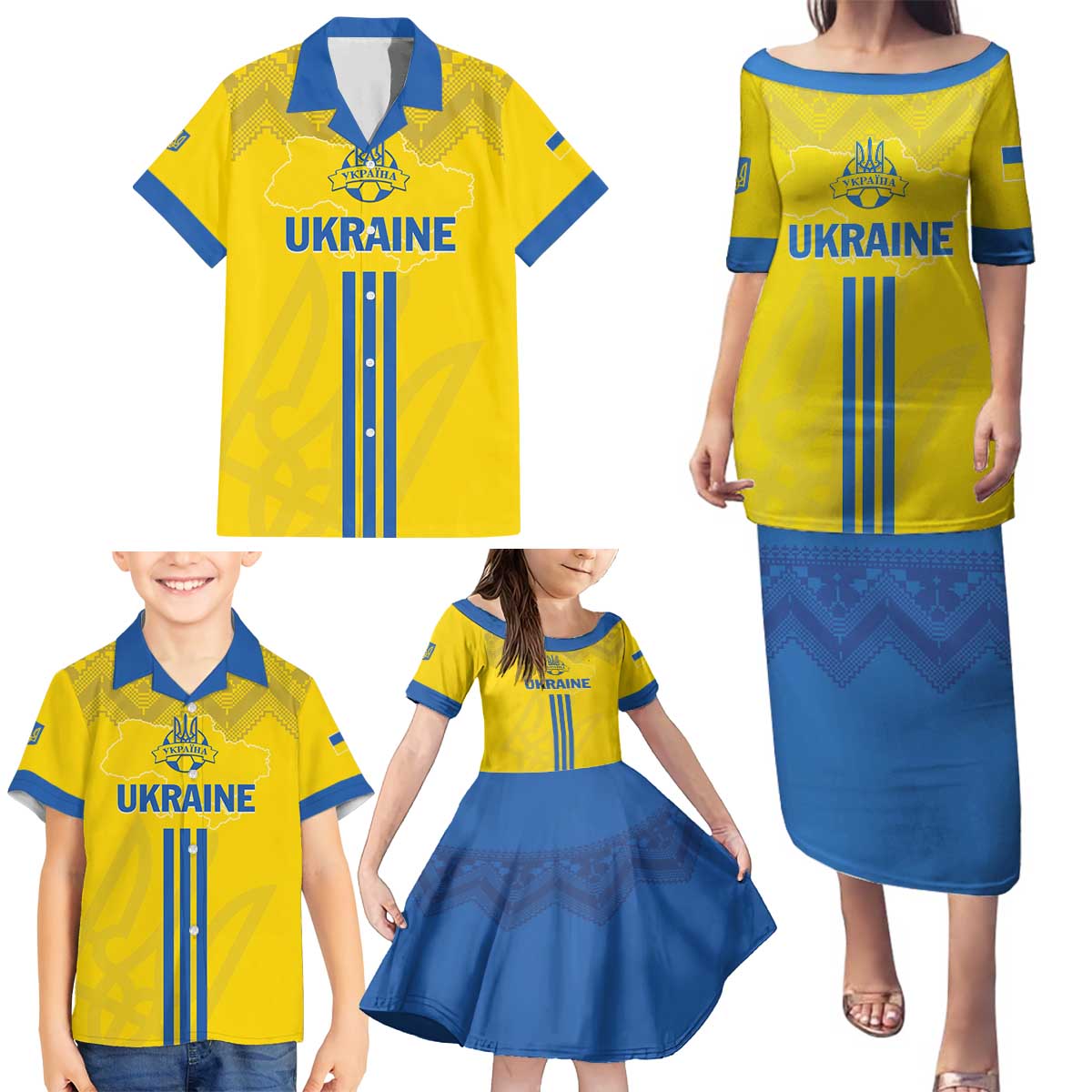 Custom Ukraine 2024 Football Family Matching Puletasi and Hawaiian Shirt Ukrainian Folk Pattern - Wonder Print Shop