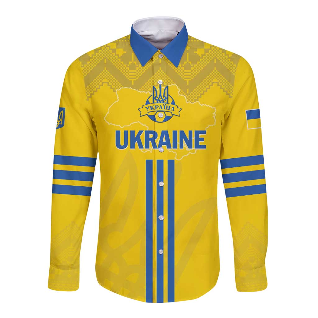 Yellow long-sleeve button football shirt, blue collar and stripes, folk pattern