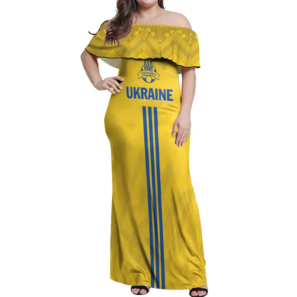 Custom Ukraine 2024 Football Off Shoulder Maxi Dress Ukrainian Folk Pattern - Wonder Print Shop