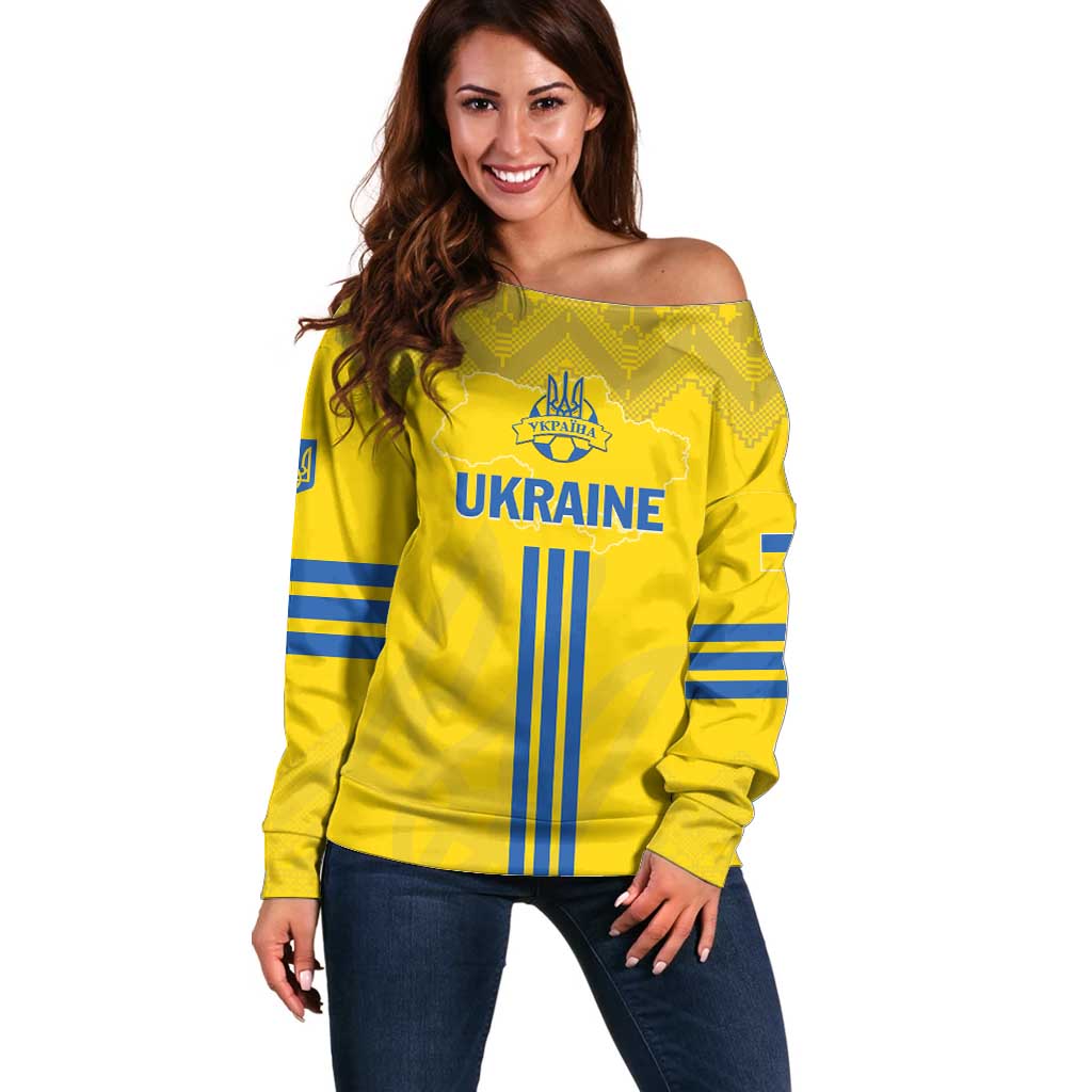 Custom Ukraine 2024 Football Off Shoulder Sweater Ukrainian Folk Pattern - Wonder Print Shop