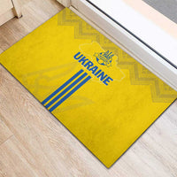 Yellow Ukraine doormat with blue stripes, trident emblem, and chevron folk border