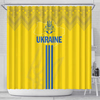 Yellow Ukraine shower curtain with chevron border, trident crest, and vertical blue stripes